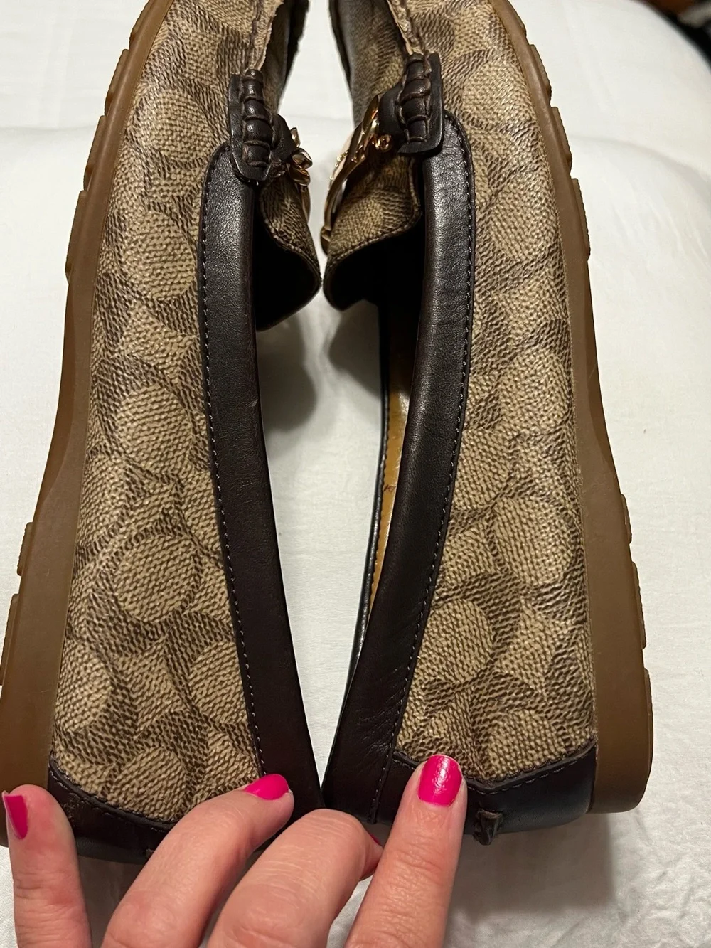 Coach Olive Tan Brown Loafers with Signature Monogram & Gold Chain | Women’s 9